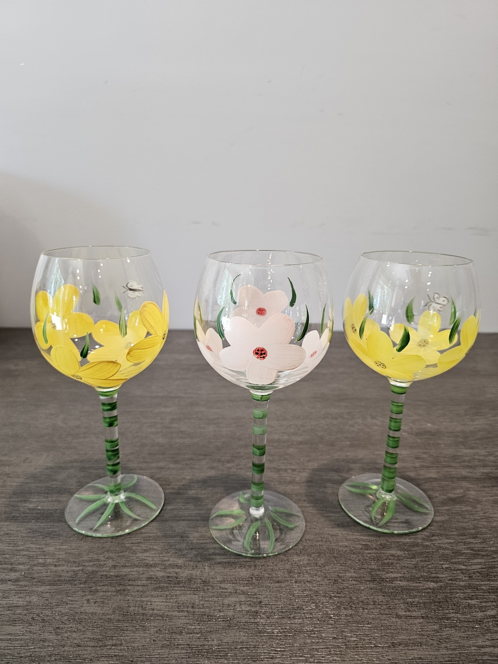 Vintage Block Basics Hand Painted Floral Balloon Wine Goblets - Set of 3